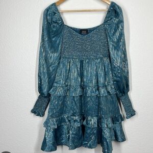 Vici Shine Tiered Dress Long Sleeve Babydoll Women Teal SzM Metallic